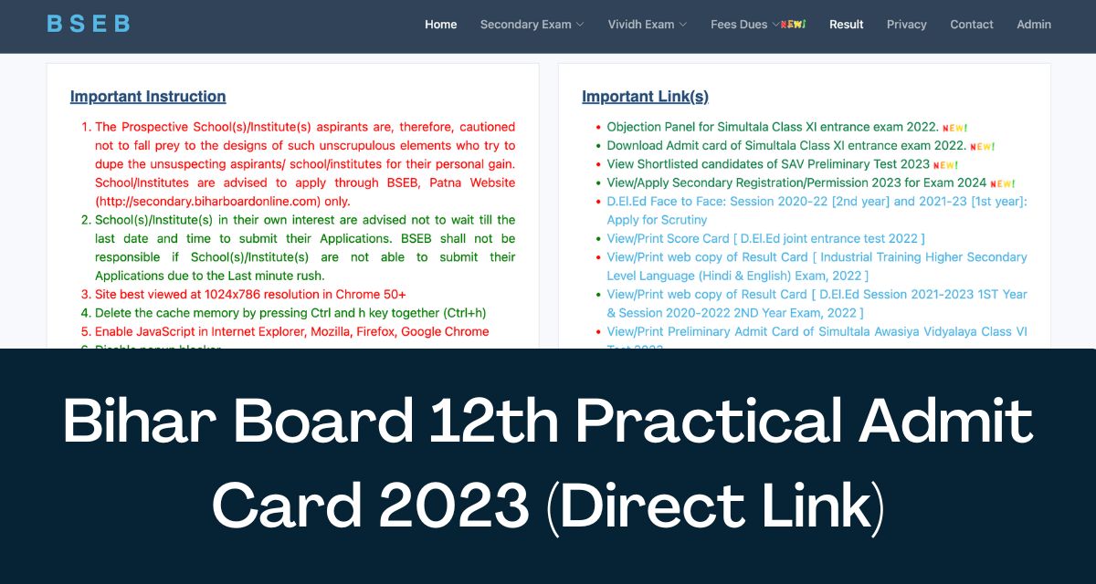 Bihar Board 12th Practical Admit Card 2023 Direct Link Bseb