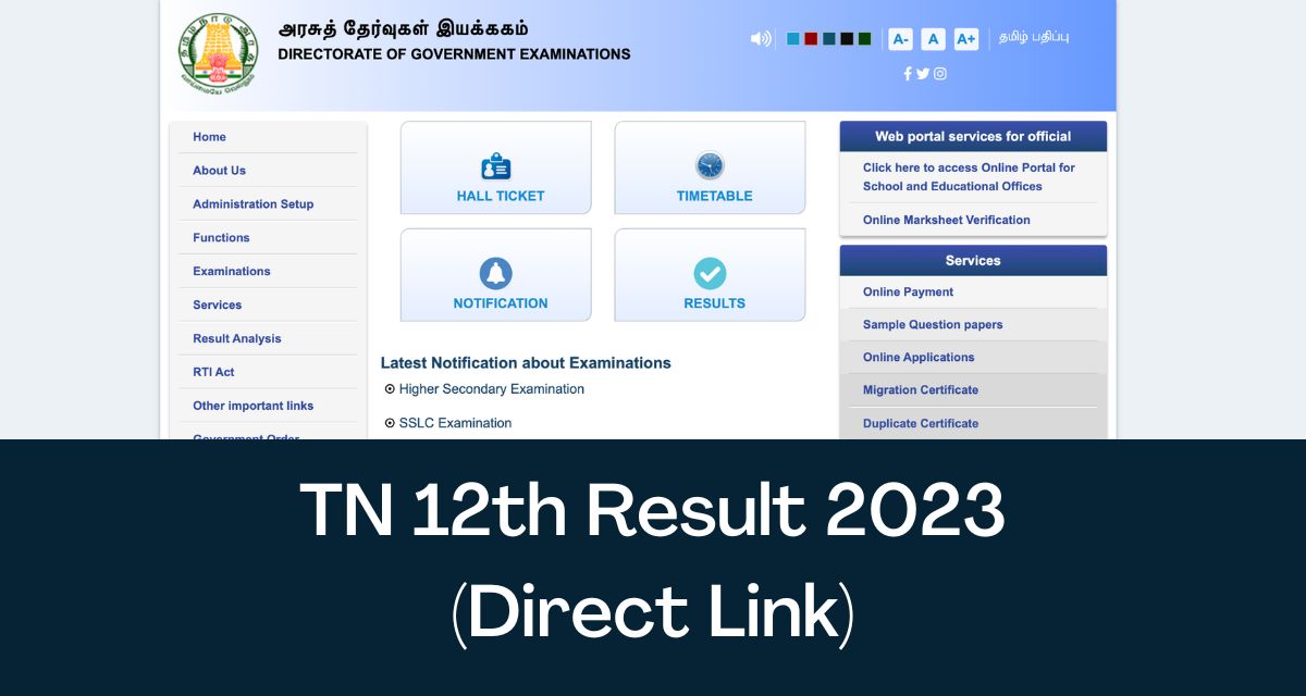 TN 12th Result 2023 Direct Link Tamil Nadu Plus Two Exam Results